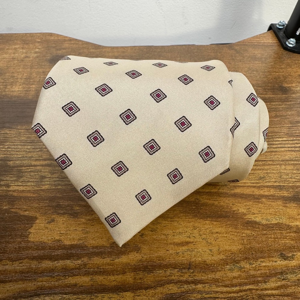 Christian Dior Mens Silk Tie Geometric Diamond Pattern Cream Burgundy Italy
